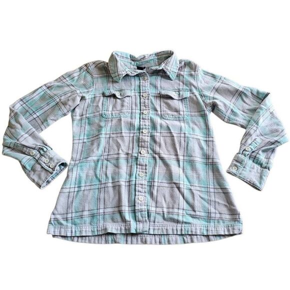 Patagonia Tops - Patagonia womens Sz 6 light teal graying sleeve organic cotton flannel shirt